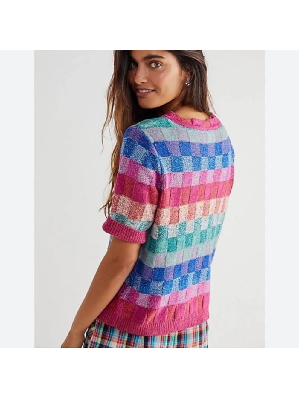 Free People Sweater Top Women Medium Pink Blue Short Sleeve Knit Hudson M - Picture 2 of 9